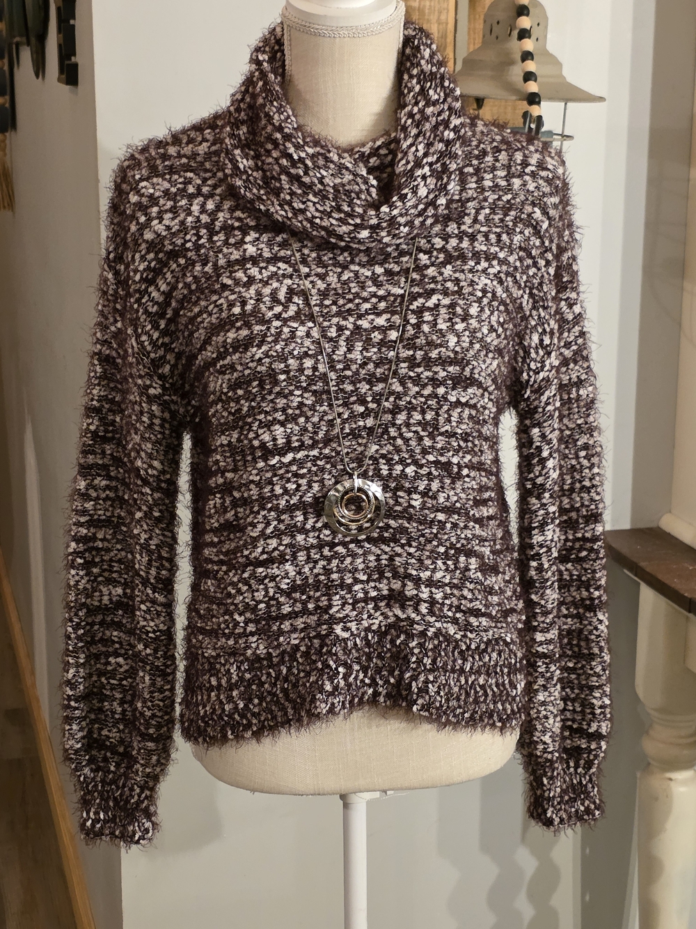 Moral Fiber Marled Eggplant Purple & Cream Cowl Neck Sweater